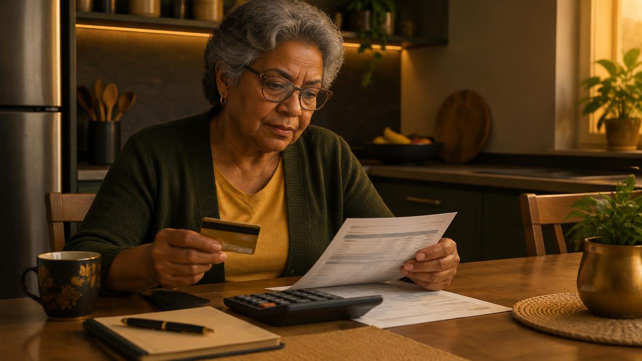 Aposentada confere a fatura do cartão consignado com uma calculadora na mesa da cozinha
